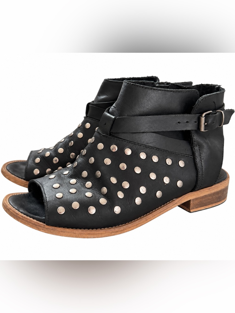Musse & Cloud Black Leather Studded Peep Toe Ankle Booties Sandals Made in Spain